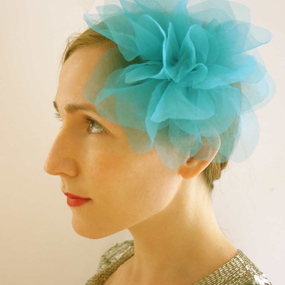 Vintage Silk Organza Hair Flower - Turquoise