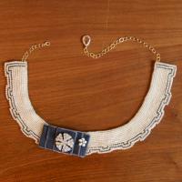 Beaded Collar Necklace with Slate Blue Vintage Velvet and Rhinestones