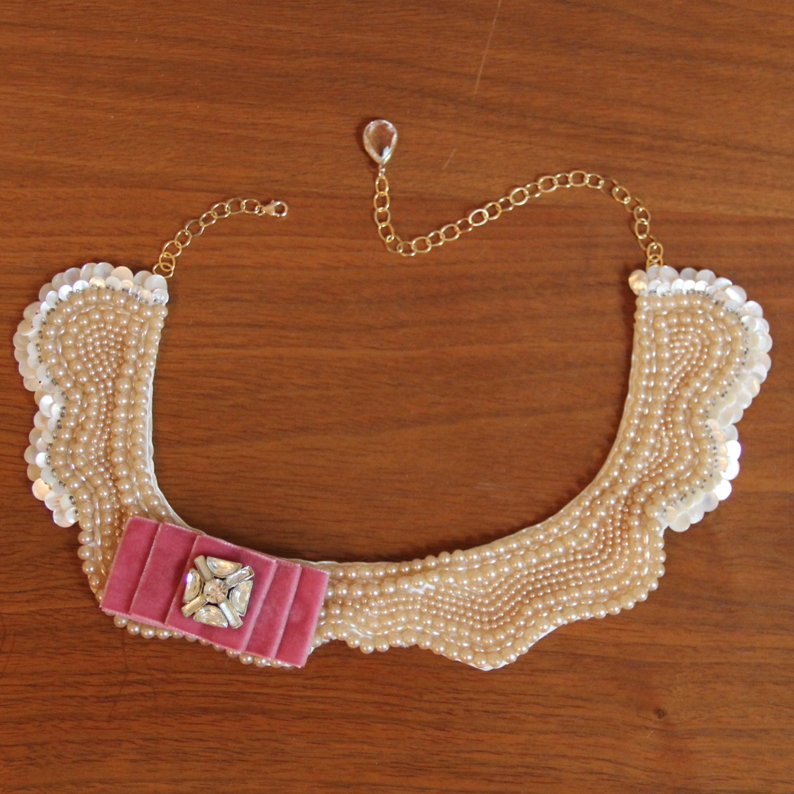 Beaded Collar Necklace with Pink Vintage Velvet and Rhinestones