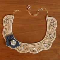 Scalloped Beaded Collar Necklace with Slate Blue Vintage Velvet and Rhinestones