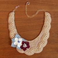 Beaded Collar Necklace with Pale Blue and Rose Suede Flowers