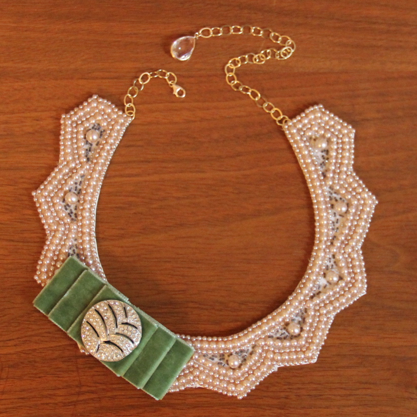 Beaded Collar Necklace with Green Vintage Velvet and Rhinestones