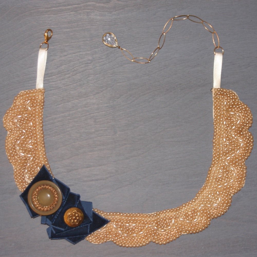 Navy and Gold Art Deco Beaded Collar Necklace