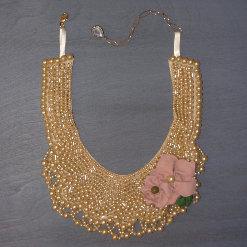 Beaded Collar Necklace with Pink Suede Flowers