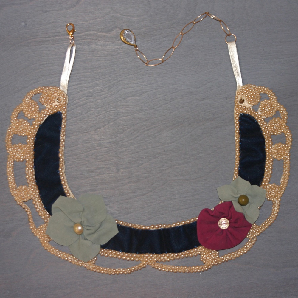 Velvet and Pearl Beaded Collar Bib Necklace