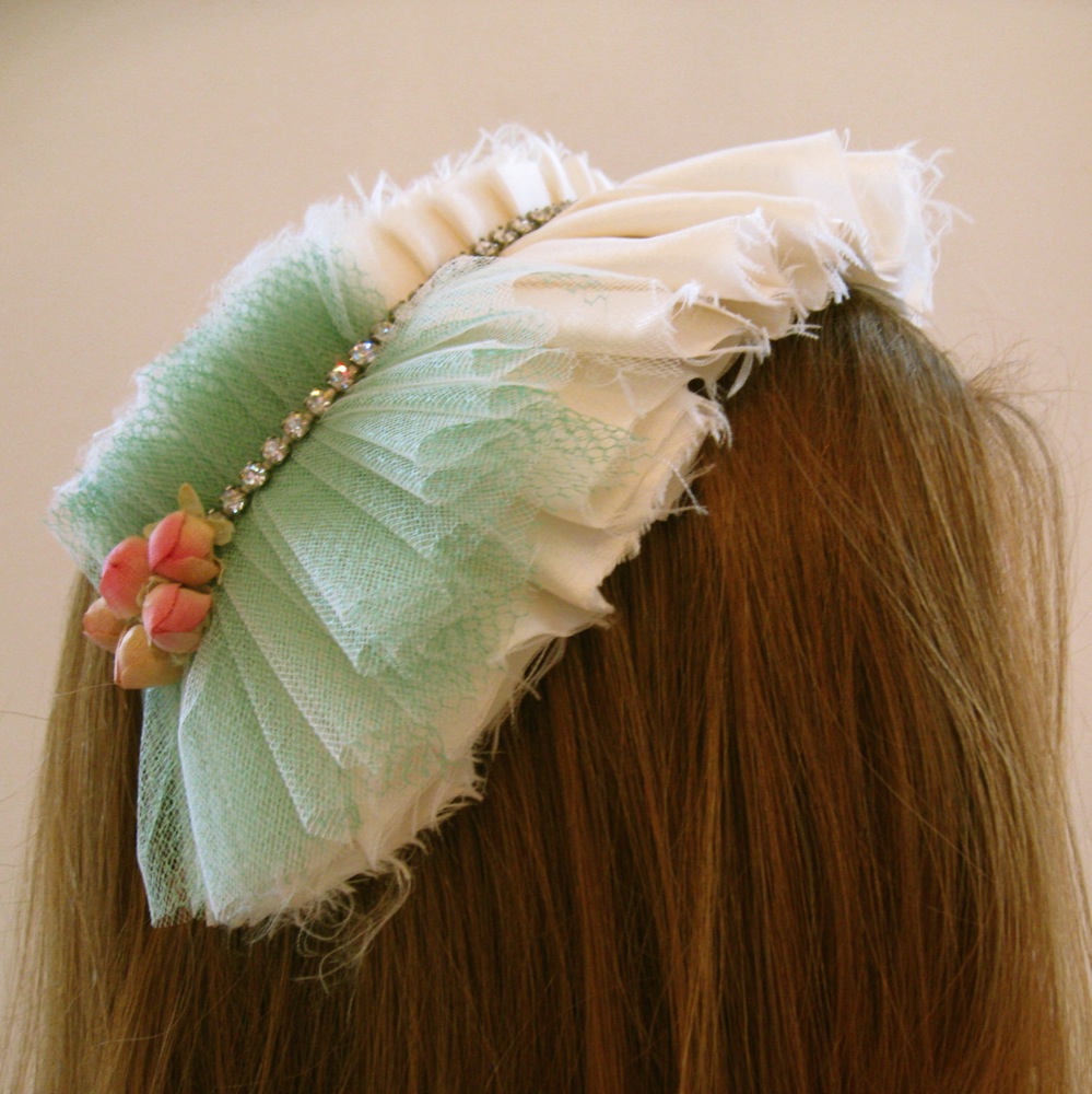 Ruffled Silk Ivory and Green Headband